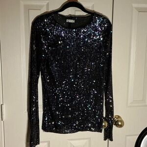 Free People Night Sky Black Sequin Long Sleeve Top